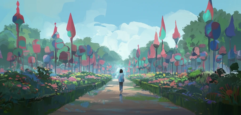 Person walking through a garden of abstract art, symbolizing aesthetic appreciation.
