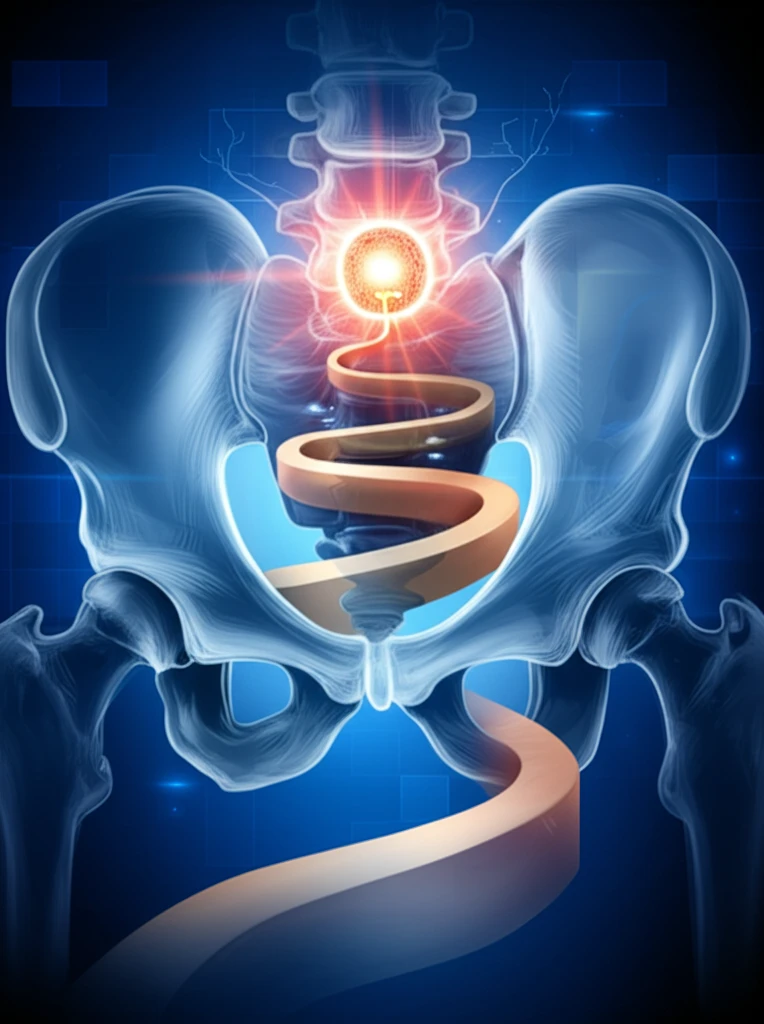 Surreal illustration of an obturator hernia within a pelvic bone.