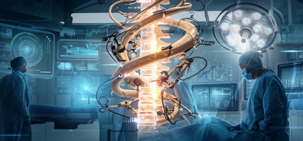 Futuristic spine surgery scene blending robotic precision with human anatomy.