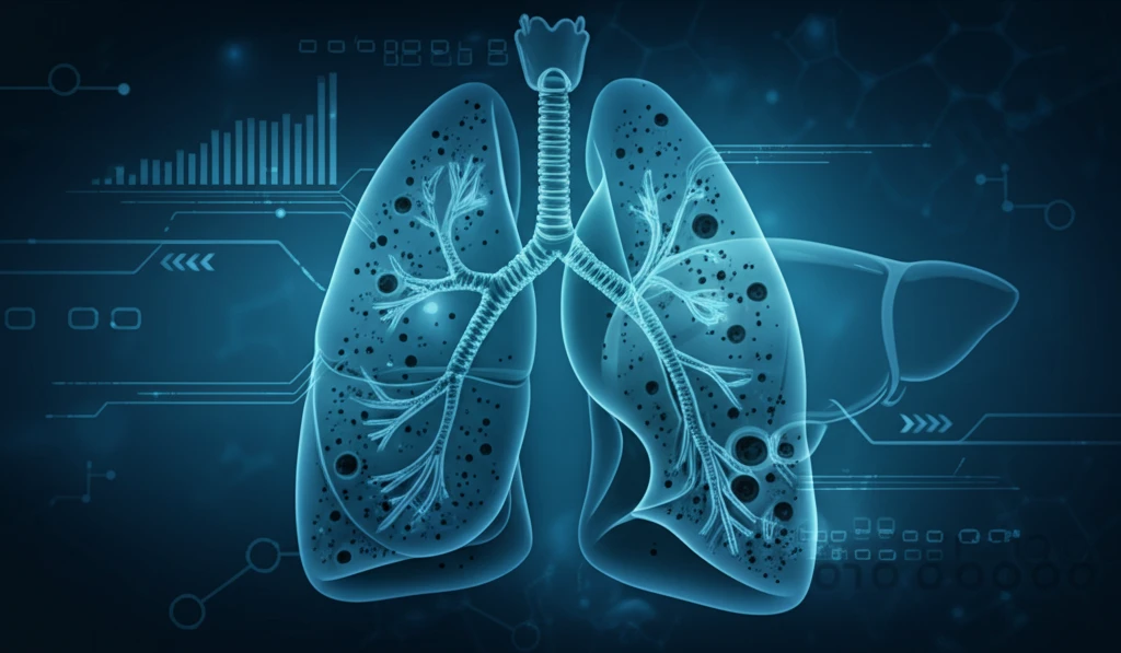 Illustration of lipiodol accumulation in the lungs, a rare complication of TACE.