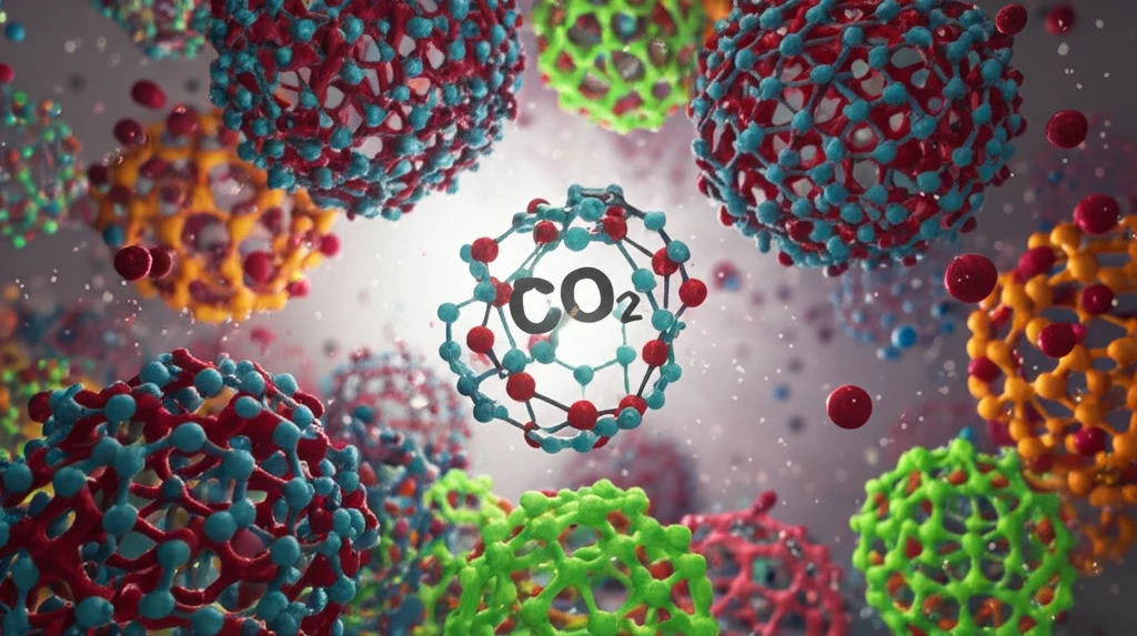 CO2 molecules trapped within a porous polymer structure.