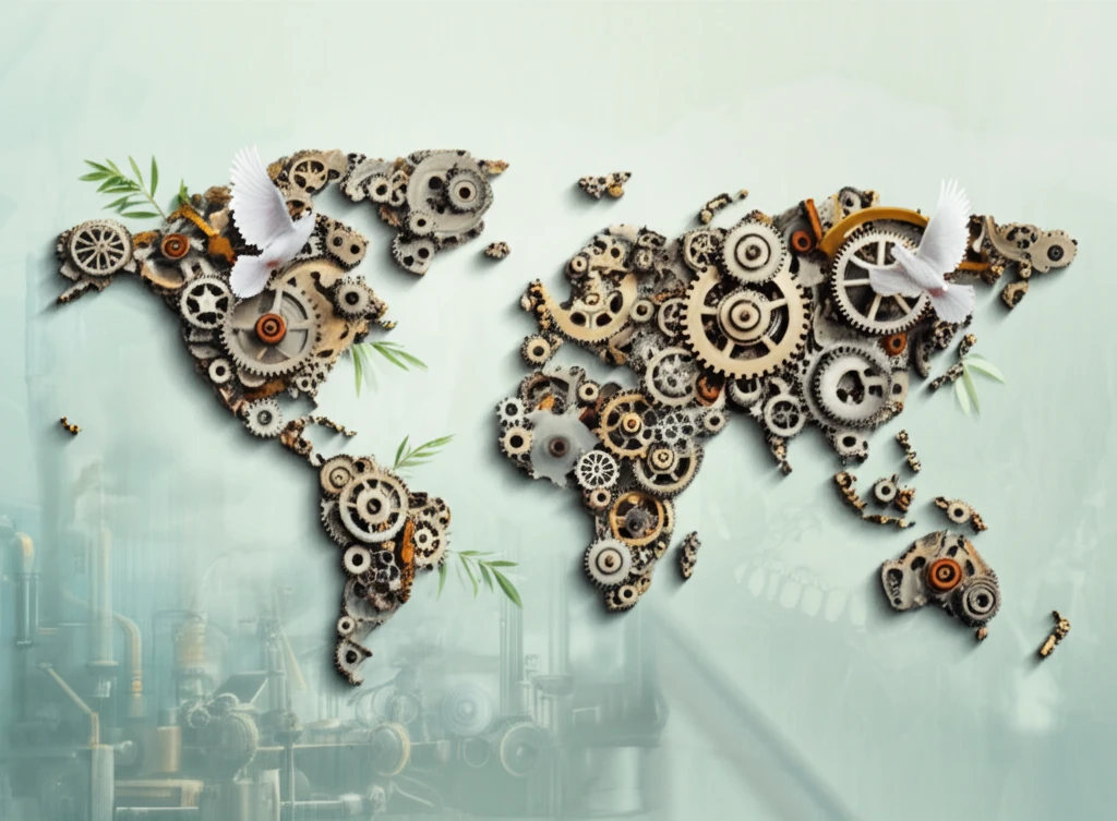 A world map of interconnected gears and levers, symbolizing international relations.