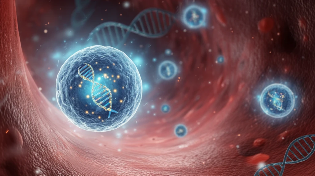 Surreal illustration of glowing vesicles in a bloodstream, symbolizing early disease detection.