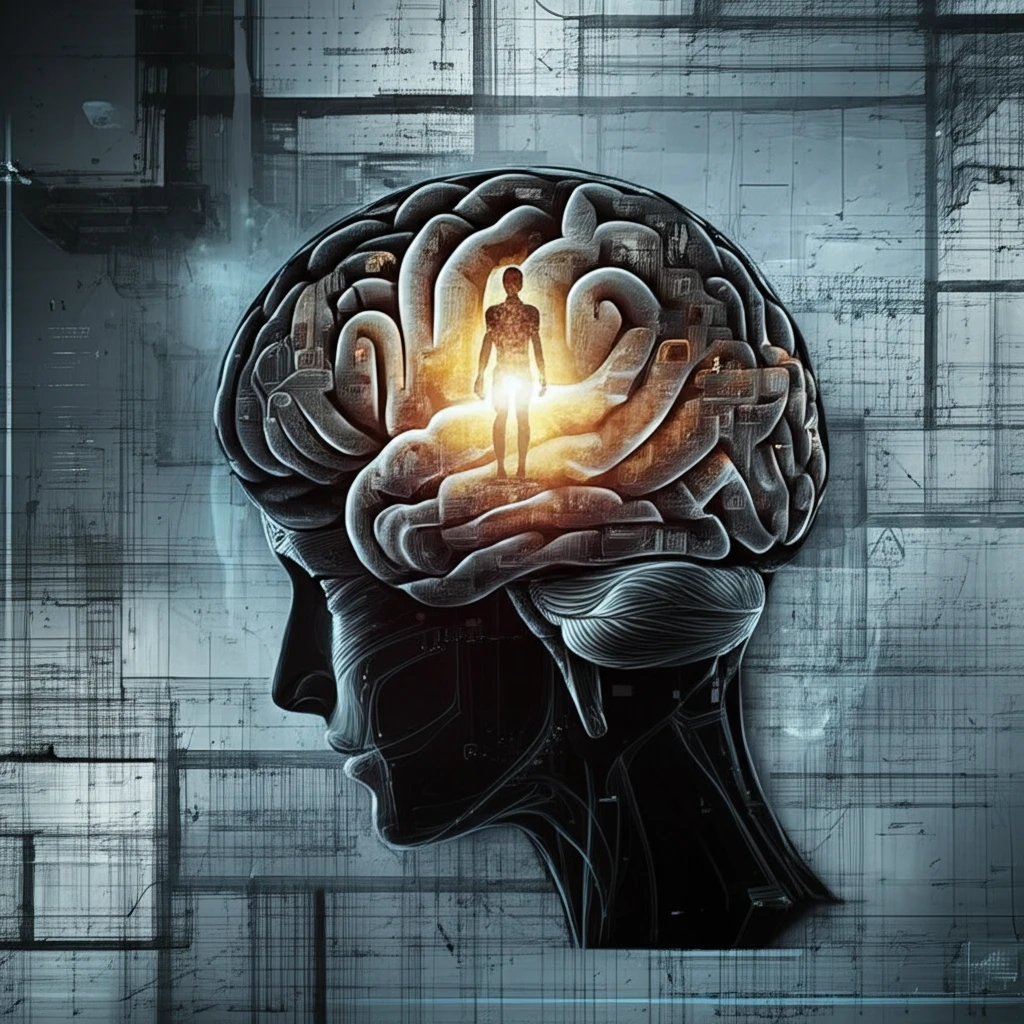 Surreal illustration of a brain with circuits and blueprints, symbolizing design thinking in programming.
