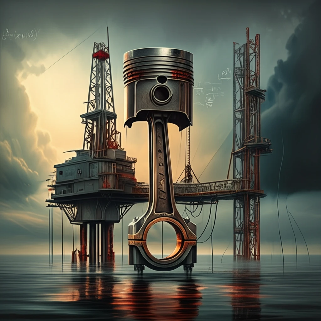 A stressed piston in an offshore oil rig setting, symbolizing the challenges in offshore piston design and the need to move beyond standard calculations.