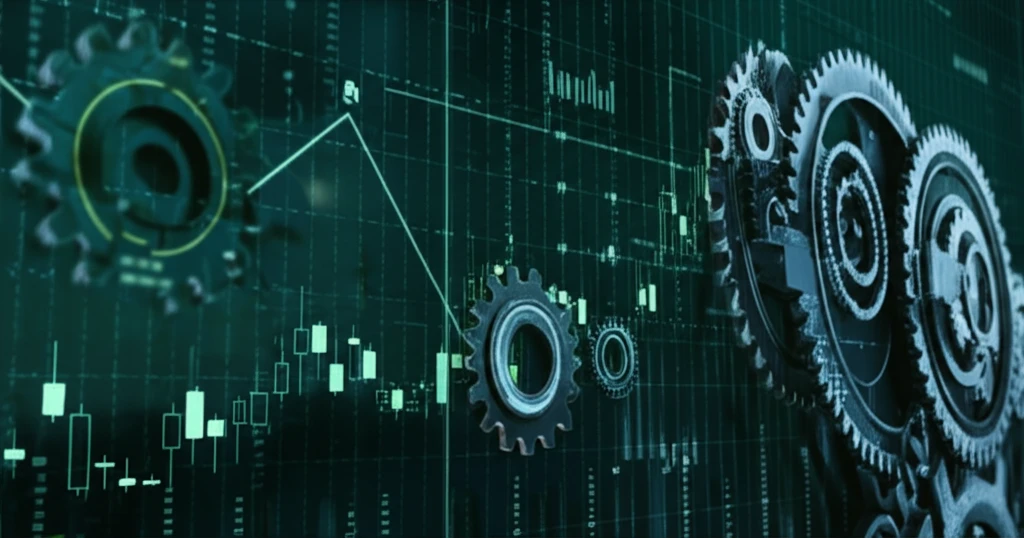 Interconnected gears and fluctuating market charts symbolizing autocorrelation in market risk measurement.