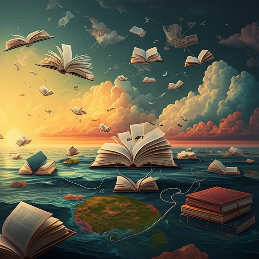 Textbooks floating in the Atlantic Ocean, symbolizing the shared history of Ibero-America.