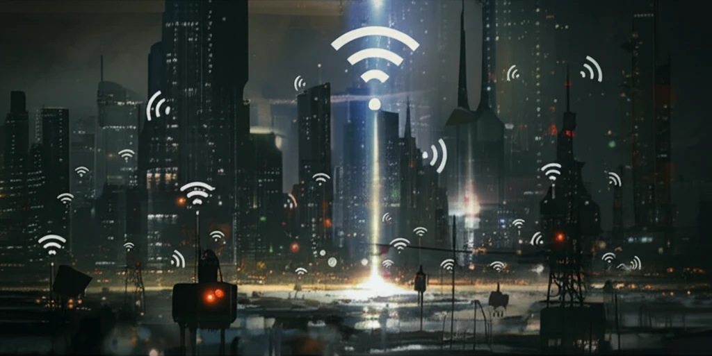 Futuristic cityscape with wireless signals emanating from a central antenna.