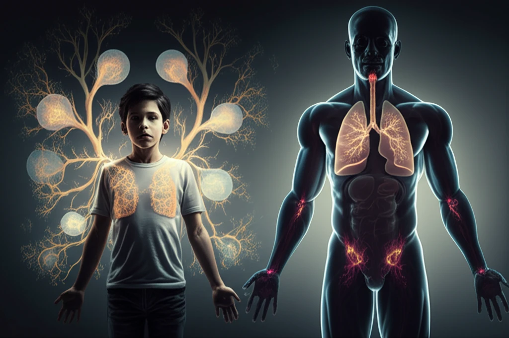 Surreal illustration of childhood vs. adult tuberculosis