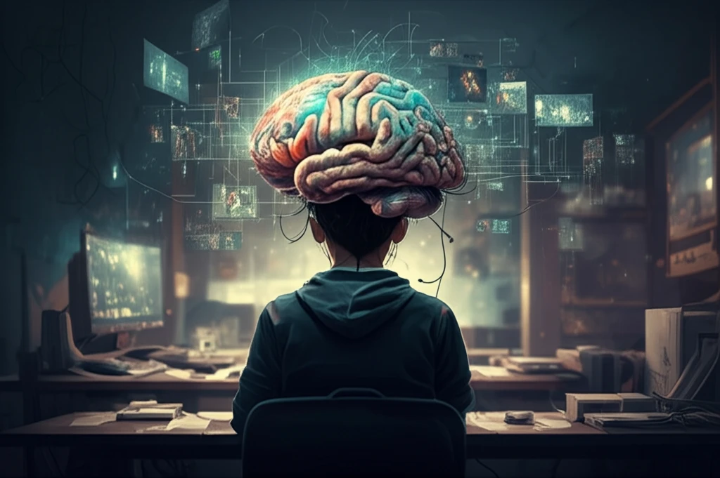 Brain filled with interconnected video screens