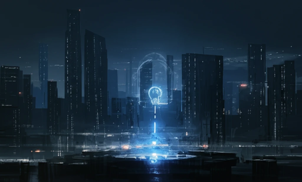 Futuristic cityscape illuminated by a single blue LED, representing energy efficiency.