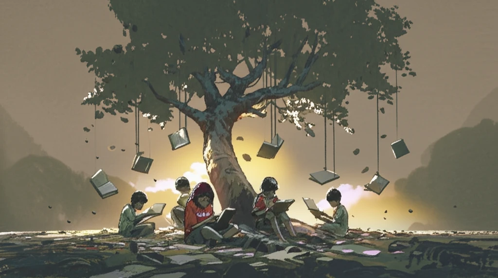 Refugee children studying under a tree