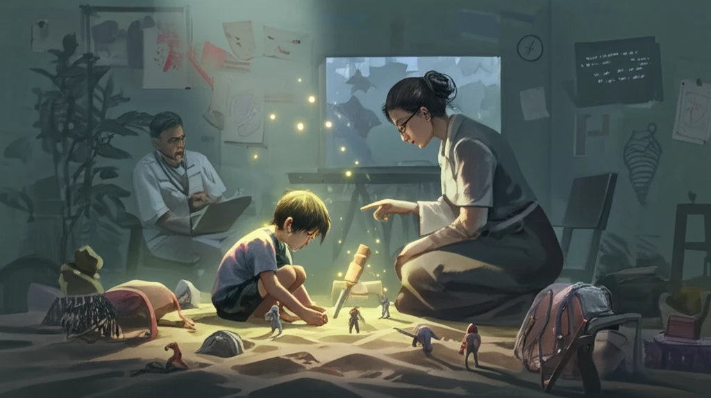 Child playing in a sandbox with therapist observing.