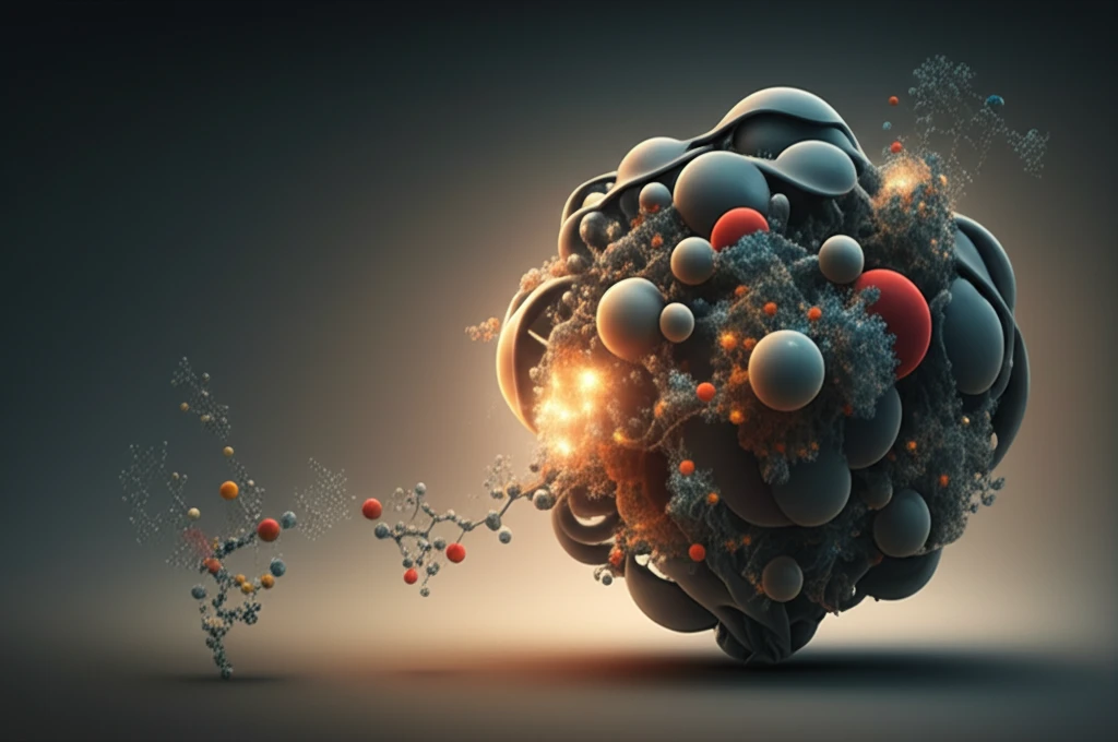 Surreal illustration of a molecule transforming into a vibrant organic shape, symbolizing metal-free chemistry.
