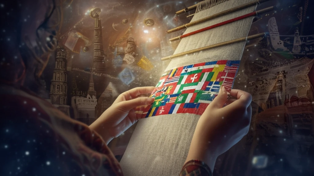 A woman weaving a tapestry of national flags, symbolizing women's role in nation-building in Southeastern Europe.