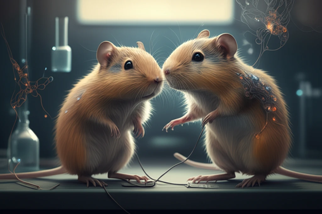 Two prairie voles in a lab, one tethered, symbolizing empathy research.