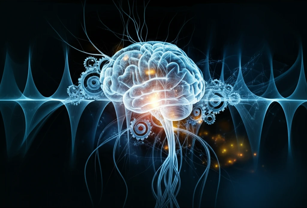 A surreal illustration representing the connection between jaw alignment, the trigeminal nerve, and brain activity, symbolizing the potential for neurological relief through biomechanical dentistry.