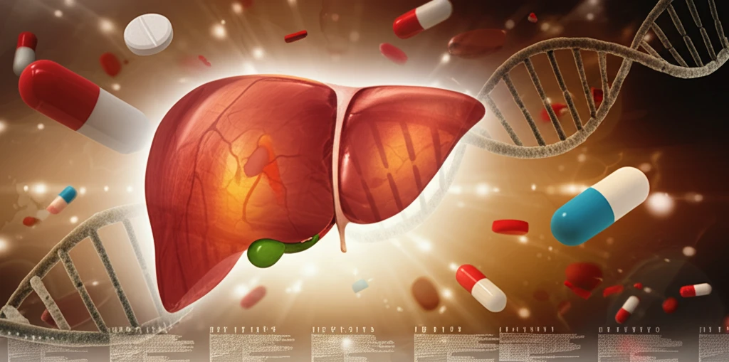 Liver intertwined with pills and DNA, symbolizing drug metabolism in diabetes.