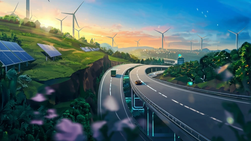 Sustainable highway winding through a green landscape with wind turbines and solar panels.