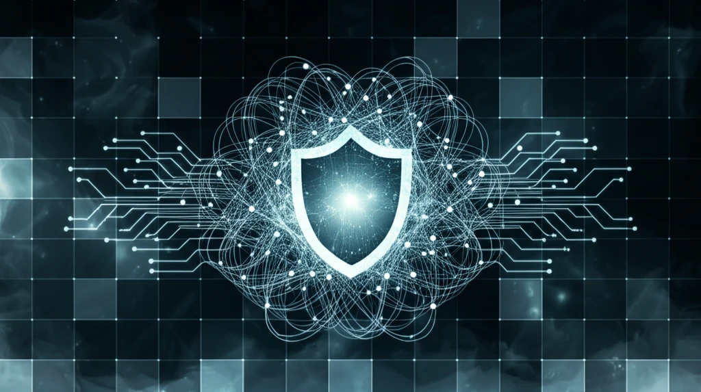 Abstract illustration symbolizing infection control with interconnected light strands and a protective shield.