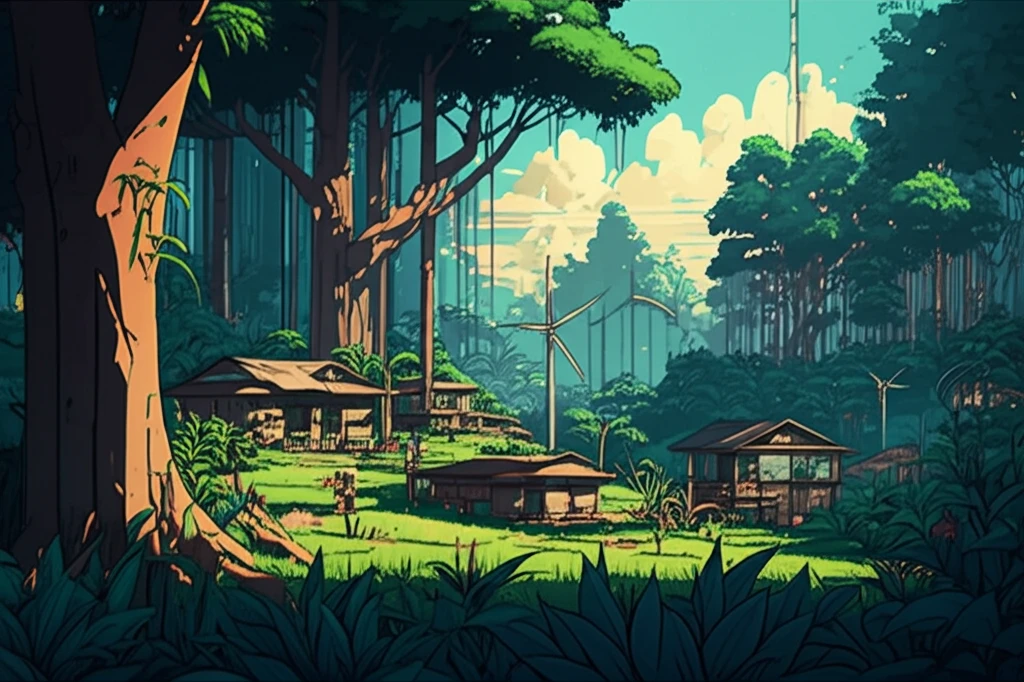 A vibrant illustration symbolizing the balance between nature and community in Cameroon's forests.