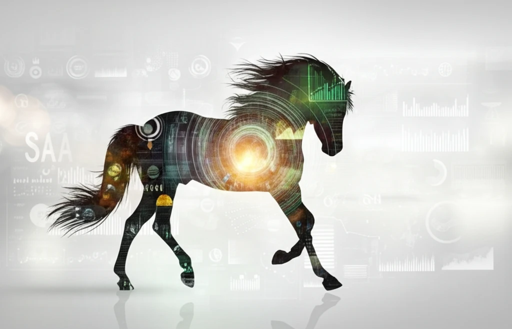 Surreal digital illustration of a horse silhouette filled with swirling patterns of medical data, representing SAA levels.