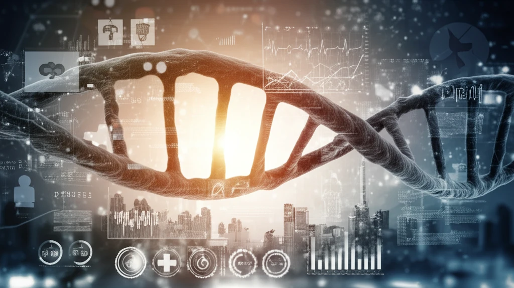 Intertwined DNA strands forming a cityscape, symbolizing genomic complexity and personalized health.
