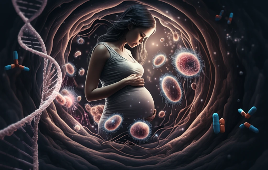 Pregnant woman surrounded by glowing bacterial forms (Ureaplasma and Mycoplasma) within a womb-like space, intertwined with DNA strands, with faint antibiotic molecules hovering around.
