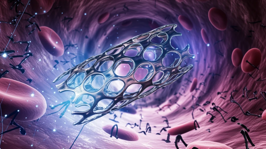 Futuristic stent design optimizing blood flow, created with fluid dynamics patterns.