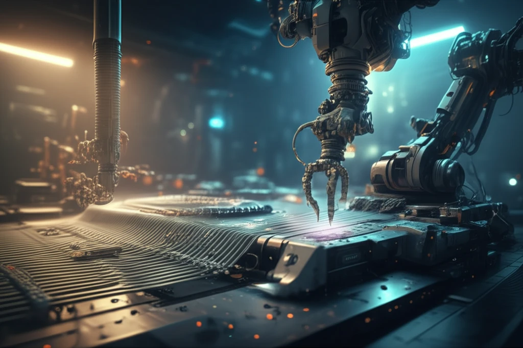 Robotic arm weaving carbon fibers with precision.