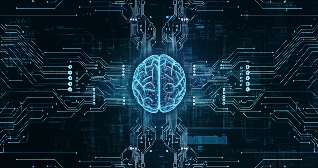 AI Brain orchestrating data flow in a complex network.