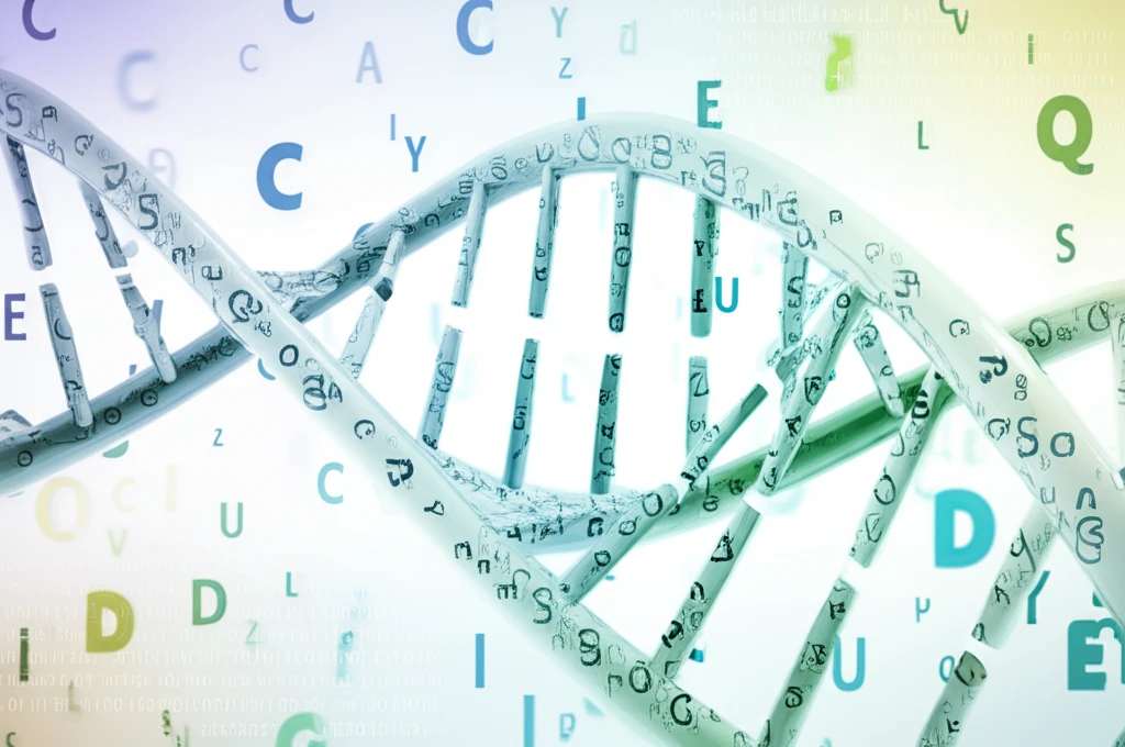 DNA intertwined with alphabet letters representing medical terminology