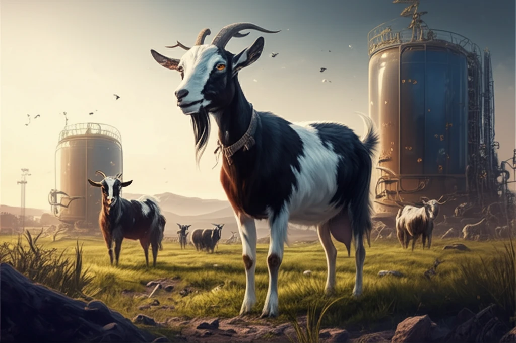Goats grazing in a sustainable farm setting with biodiesel plants.