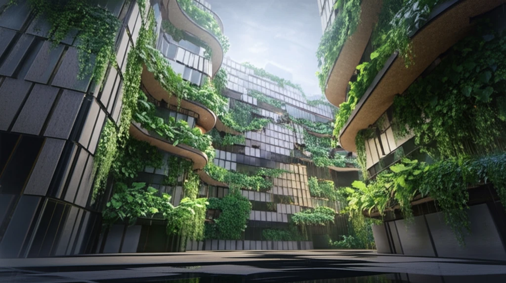 Futuristic building facade made of beet pulp and starch composite panels with plants.