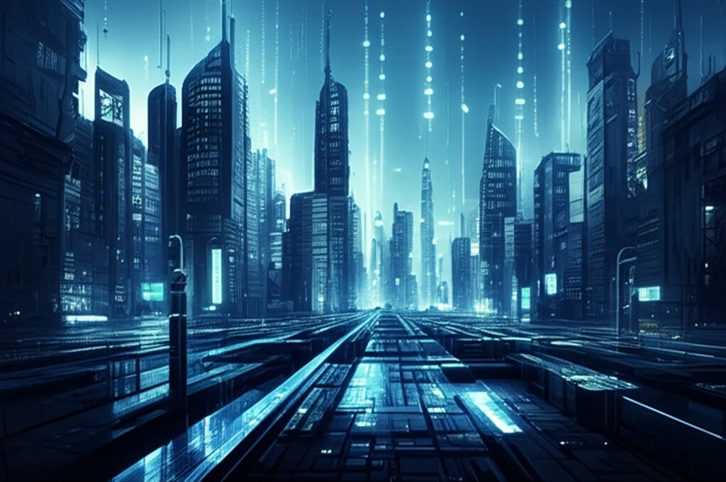 Futuristic cityscape with interconnected water pipes glowing with blue light, symbolizing smart water networks and efficient resource management.
