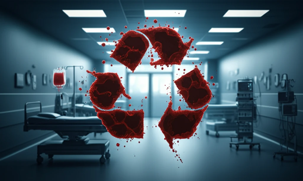 Surreal illustration of blood recycling within a hospital