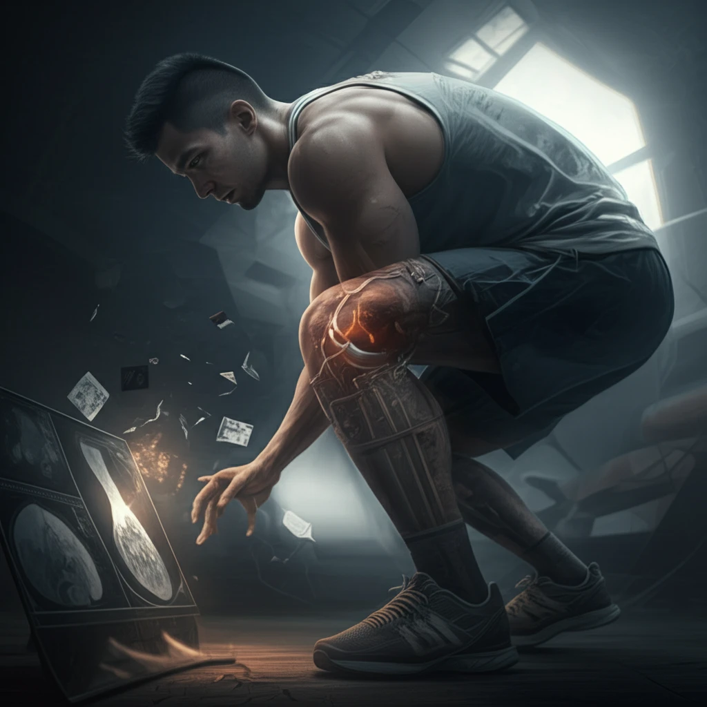 Surreal illustration of a young athlete's knee transitioning into an arthritic joint, symbolizing the long-term impact of sports injuries.