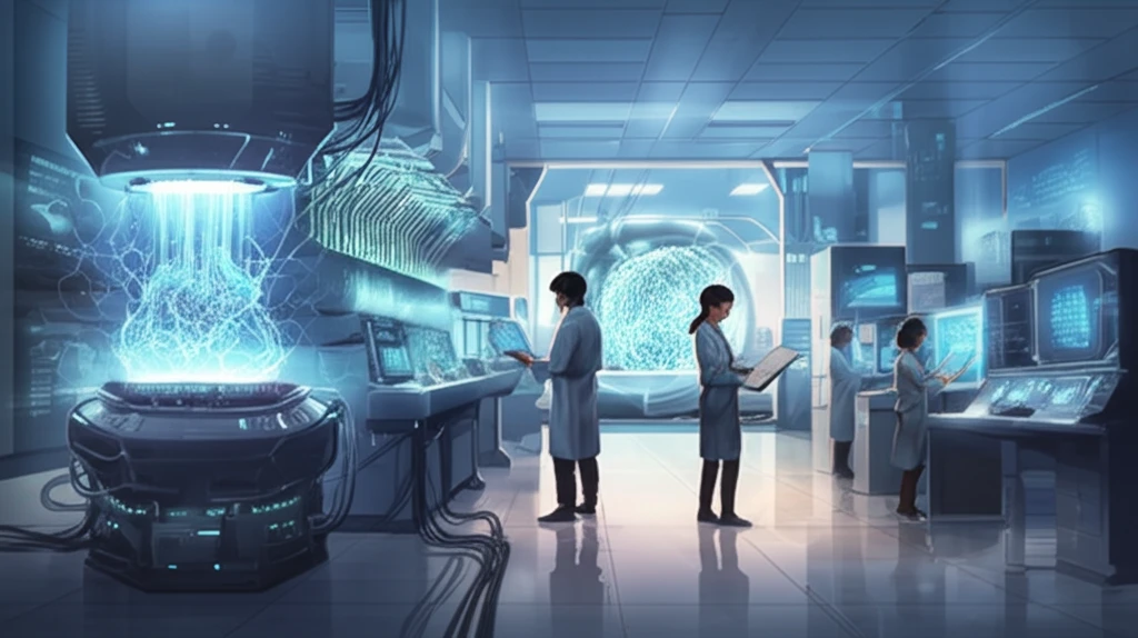Futuristic medical lab with electrospinning devices creating tissue scaffolds.