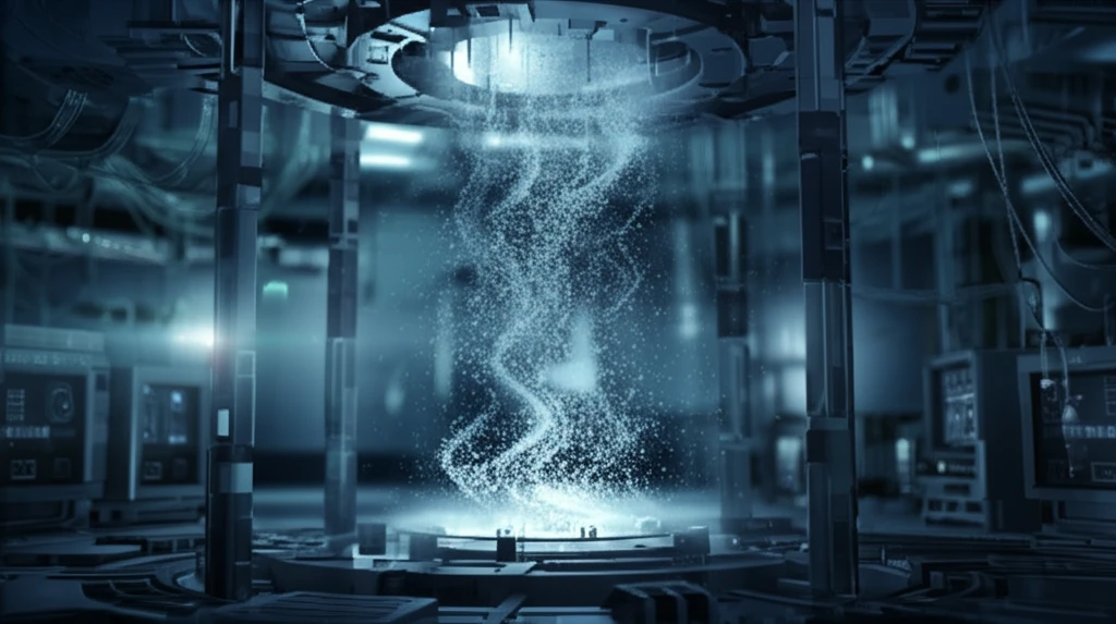 Microscopic particles being uniformly coated in a futuristic lab setting.