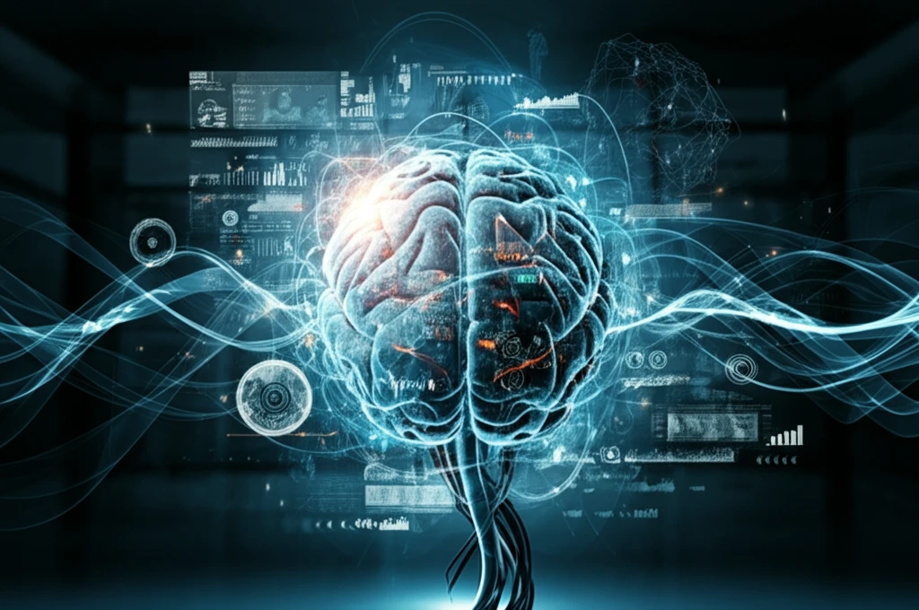 Human brain intertwined with digital interfaces, symbolizing cognitive processes and technology in healthcare.