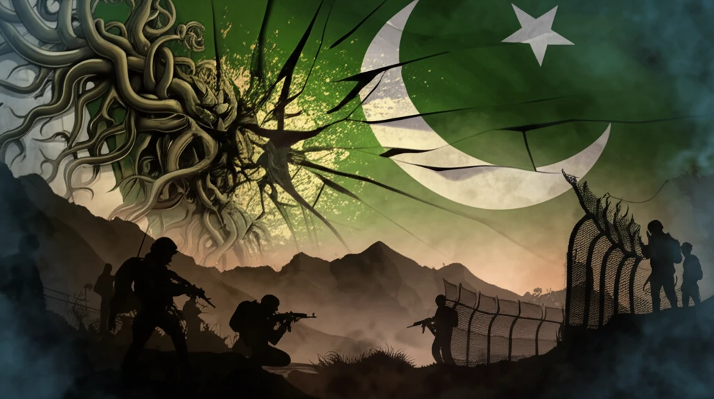 Fractured Pakistani flag symbolizing internal conflict.