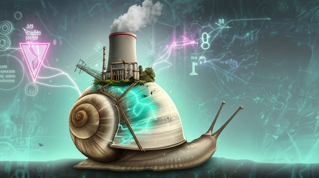 Surreal illustration of a snail carrying a miniature power plant, symbolizing slow energy transformations.