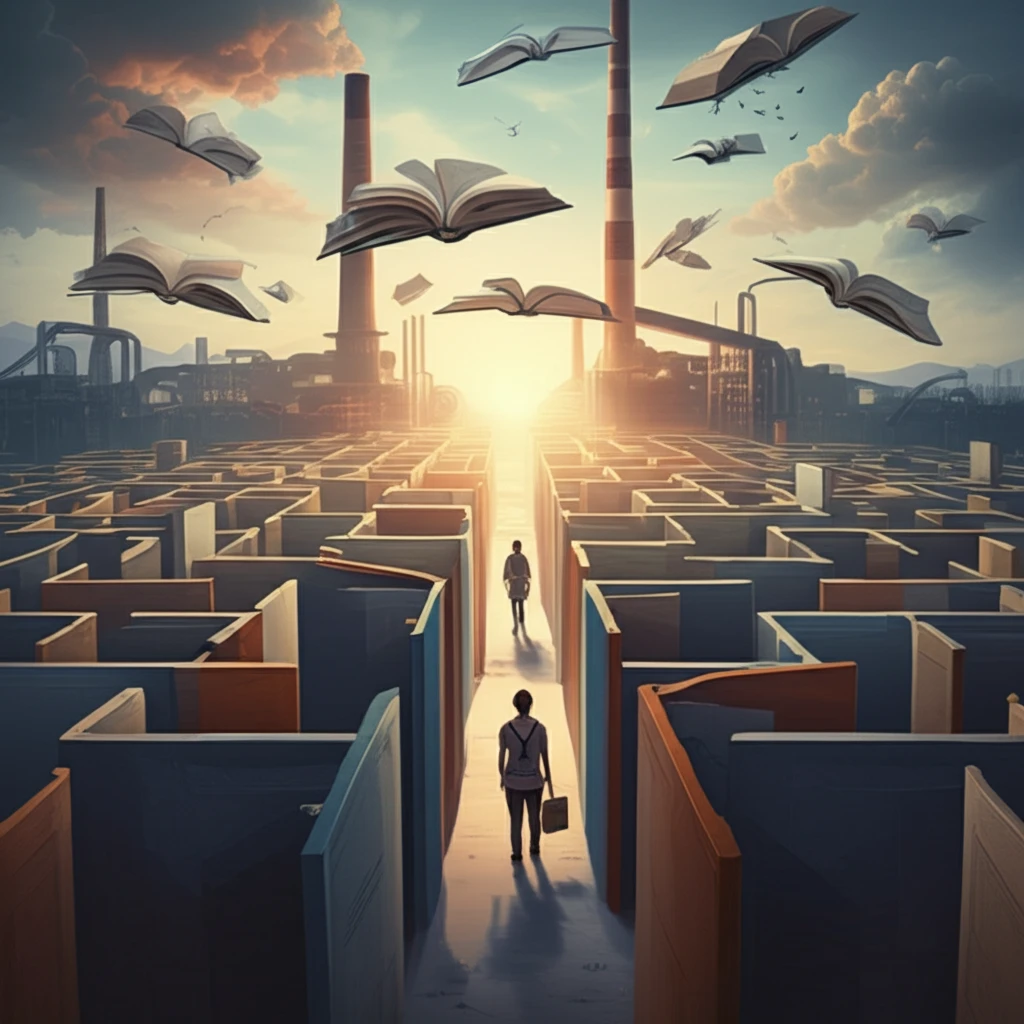 A surreal illustration showing the choices facing students in a neoliberal education system.