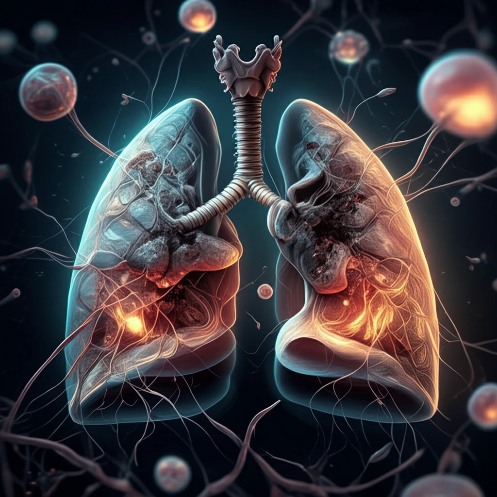 Stem cells healing damaged lungs in a surreal illustration.