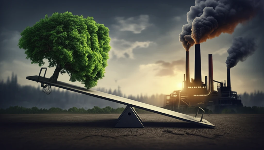Seesaw with trees on one side and a smoking factory on the other, symbolizing the balance between policy and market forces.
