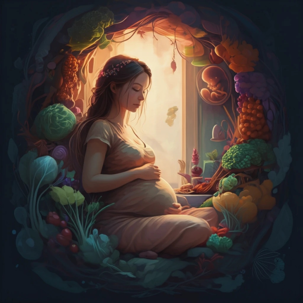 Illustration of a pregnant woman surrounded by healthy food, representing the link between prenatal nutrition and fetal well-being.