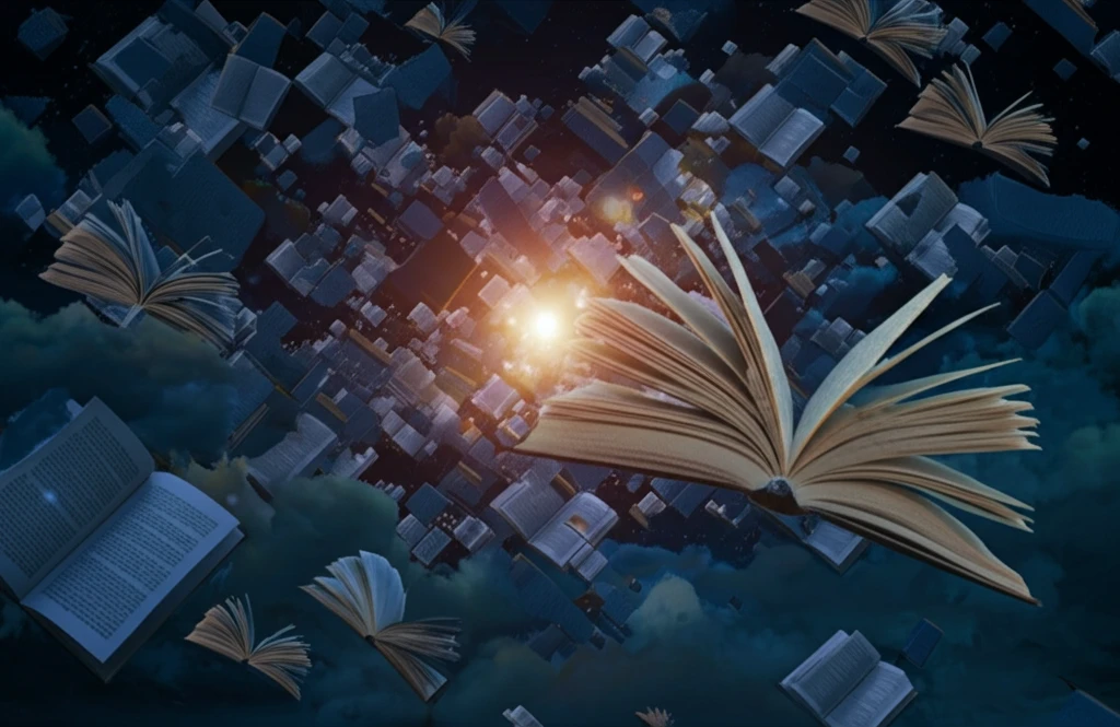 Digital illustration of fragmented book pages floating in a digital space, symbolizing the breakdown and recombination of ideas.