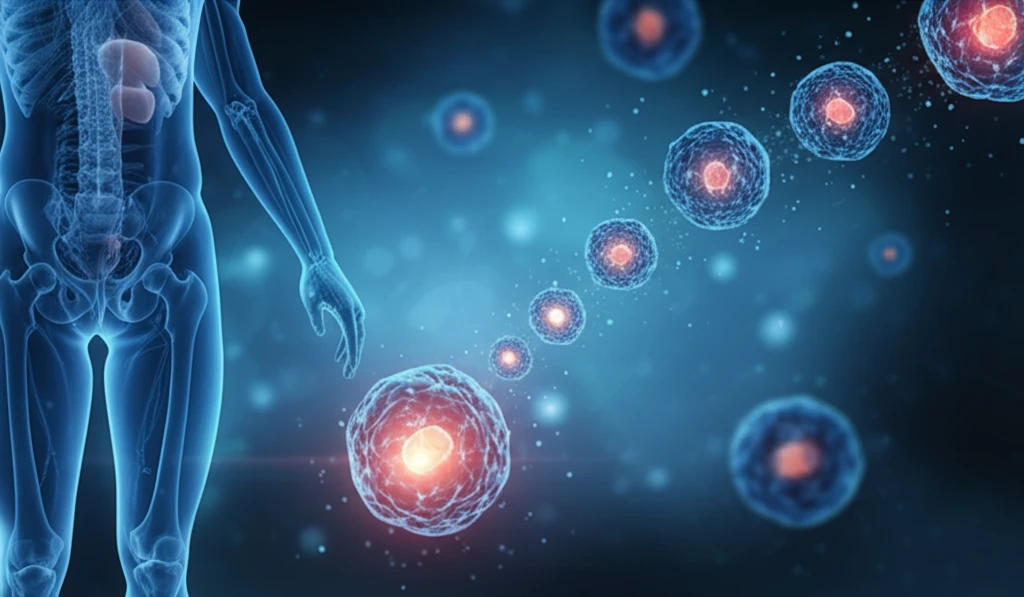 Microscopic view of hydrogel particles delivering medication within the body.