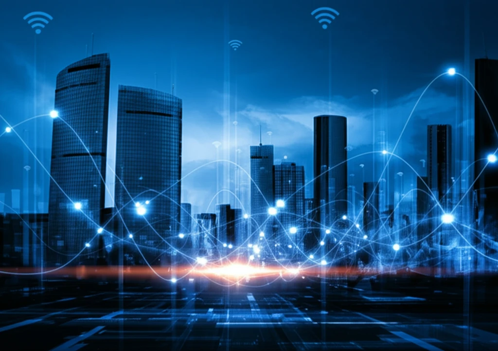 Futuristic cityscape with energy waves, symbolizing efficient wireless communication.