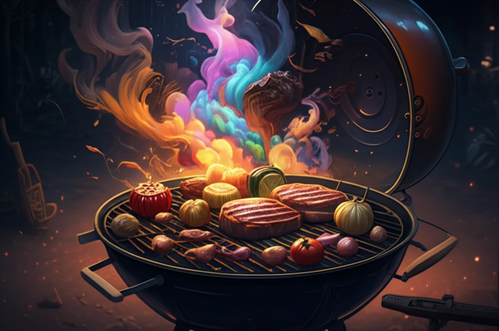 A barbecue grill emitting colorful smoke, representing PAHs, with vegetables and meat cooking on the grill.